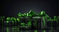 Black gift boxes with bright green bow and ribon on black background