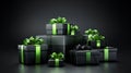 Black gift boxes with bright green bow and ribon on black background