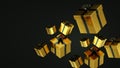 Black gift boxes with gold ribbon on black background. 3D rendering.
