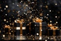 black gift boxes with a golden bow on festive dark background with confetti.