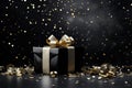 black gift boxes with a golden bow on festive dark background with confetti. Royalty Free Stock Photo