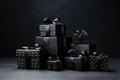 Black gift boxes with golden bows on black background. 3d rendering, Black gift boxes arranged on dark background, AI Generated Royalty Free Stock Photo