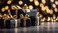Black gift boxes with golden ribbons and bokeh background. Minimal abstract holidays or birthday concept.