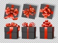 Black gift boxes. Realistic festive presents wraps mockup, red satin ribbons with differently tied bows, elegant dark