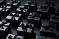 Black gift boxes with black ribbons on dark background, closeup, Black gift boxes arranged on dark background, AI Generated Royalty Free Stock Photo