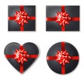 Black giftbox set with red bow Vector realistic. Product placement mock up. Design packaging 3d illustrations