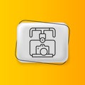 Black Gimbal stabilizer with DSLR camera icon isolated on yellow background. Silver rectangle button. Vector Royalty Free Stock Photo