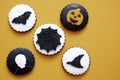 Black gingerbread skull, spider, pumpkin, bat