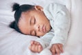 Black girl, baby and sleeping in bedroom, home and nursery room for peace, calm and dreaming at nap time. Tired young