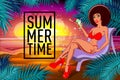 The black girl with a cocktail on a beach. vector summer time lettering and Woman on of the Sea Beach and Takes Sunbath. Bikini gi Royalty Free Stock Photo
