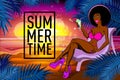 The black girl with a cocktail on a beach. vector summer time lettering and Woman on of the Sea Beach and Takes Sunbath. Bikini gi Royalty Free Stock Photo