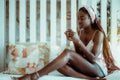 Black girl with coffee after a nap Royalty Free Stock Photo