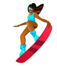 Black girl with colored strands in a bikin on a snowboard or a kite in a jump. Vector illustration. Winter sport, woman Royalty Free Stock Photo