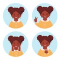 Black girl with dental braces. Little girl portrait in circular frame. Vector illustration