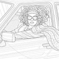 Black girl driving a car.Coloring book antistress for children and adults.