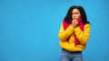 Black Girl Freezing Wearing Winter Clothes Over Blue Background, Panorama Royalty Free Stock Photo