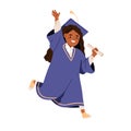 Black girl in graduation gown, cap. School kid graduating with diploma. Happy cute child in master hat. Success in