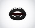 Black girl lips. Woman black mouth. Female chic velvet kiss with lipstick, gloss.Valentines, mothers day logo