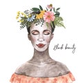 Black girl portrait watercolor illustration. Afro dark skin woman in flower crown