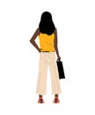 Black girl with purse. View from behind on standing woman. Cartoon alone female character in casual clothing with Royalty Free Stock Photo