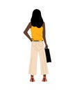 Black girl with purse. View from behind on standing woman. Cartoon alone female character in casual clothing with handbag. Trendy Royalty Free Stock Photo
