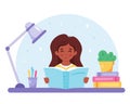 Black girl reading book. Girl studying with a book. Vector illustration Royalty Free Stock Photo