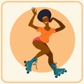 The black girl on roller skates. The young beautiful sportswoman in the movement. Vector illustration.