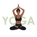 A black girl sits in a lotus position. Woman doing yoga. The concept of relaxation, harmony, appeasement. Vector flat