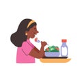 Black girl sits at table eats salad and bottle of milk or water on tray, vector flat cartoon isolated flat illustration Royalty Free Stock Photo