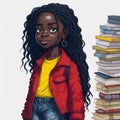 black girl with story books anime style water color clip art generative AI