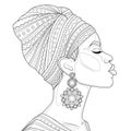 Black girl in a turban in profile with an earring.Coloring book antistress for children and adults.