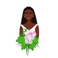 Black girl in white with a bouquet of flowers in her hands, pretty afro woman with makeup, beautiful female avatar