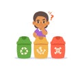 a black girl wondered about the different types of trash bins. illustration cartoon character vector design on white background