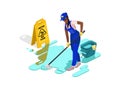 Black girl in work clothes washes the floor with water and equipment. Sign caution wet floor.
