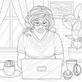 A black girl works at a laptop from home.Coloring book antistress for children and adults.