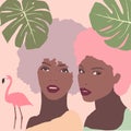 Black girls illustration. Biracial girlfriends with afro