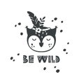 Black girls owl head with bird feather, flowers, hand drawn text Be wild and abstract drops