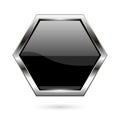 Black glass button. 3d shiny hexagon icon