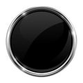 Black glass button. Round 3d shiny icon with metal frame