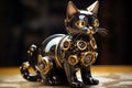 A black glass cat figurine with gold and black gears, AI Royalty Free Stock Photo