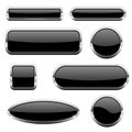 Black glass 3d buttons. With chrome frame. Set of web icons Royalty Free Stock Photo