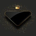 Black glass label with golden crown isolated on black background.