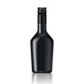 Black glass liqueur bottle with cap. Royalty Free Stock Photo