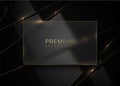 Black glass luxury layered glossy abstract background. Vector frosted glass rectangular golden line frame on black broken plastic