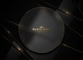 Black glass luxury layered glossy abstract background. Vector frosted glass round golden line frame on black broken plastic