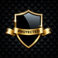 Black glass shield with golden frame and golden ribbon with Protected word isolated on black background. Vector design