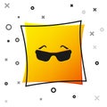 Black Glasses icon isolated on white background. Eyeglass frame symbol. Yellow square button. Vector Royalty Free Stock Photo