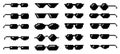 Black glasses pixel art icons. Boss sunglasses, 8 bit spectacles and summer style eyeglasses shapes vector set Royalty Free Stock Photo
