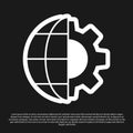 Black Globe of the Earth and gear or cog icon isolated on black background. Setting parameters. Global Options. Vector Royalty Free Stock Photo