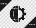 Black Globe of the Earth and gear or cog icon isolated on transparent background. Setting parameters. Global Options